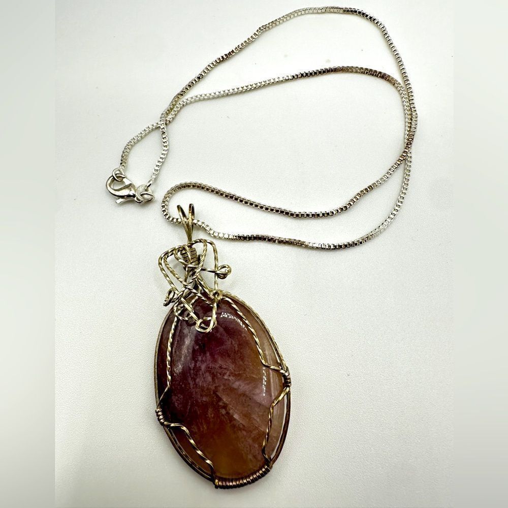 SALE! Sterling silver wrapped cabochon stone pendant and silver tone‎ necklace!